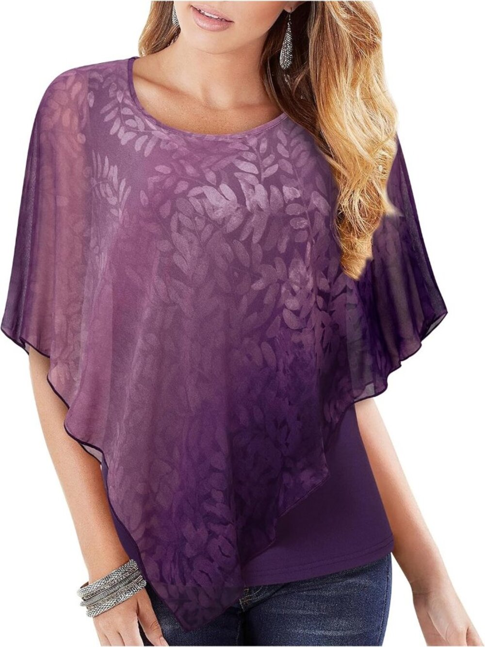 Women's Gradient Purple Elegant Lightweight Flowy Shirt Double Layered Top